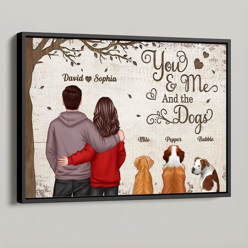 You & Me and the Dogs Custom Poster, Hugging Couple with Pets, Modern Wall Art, Unique Gift for Couples and Dog Lovers