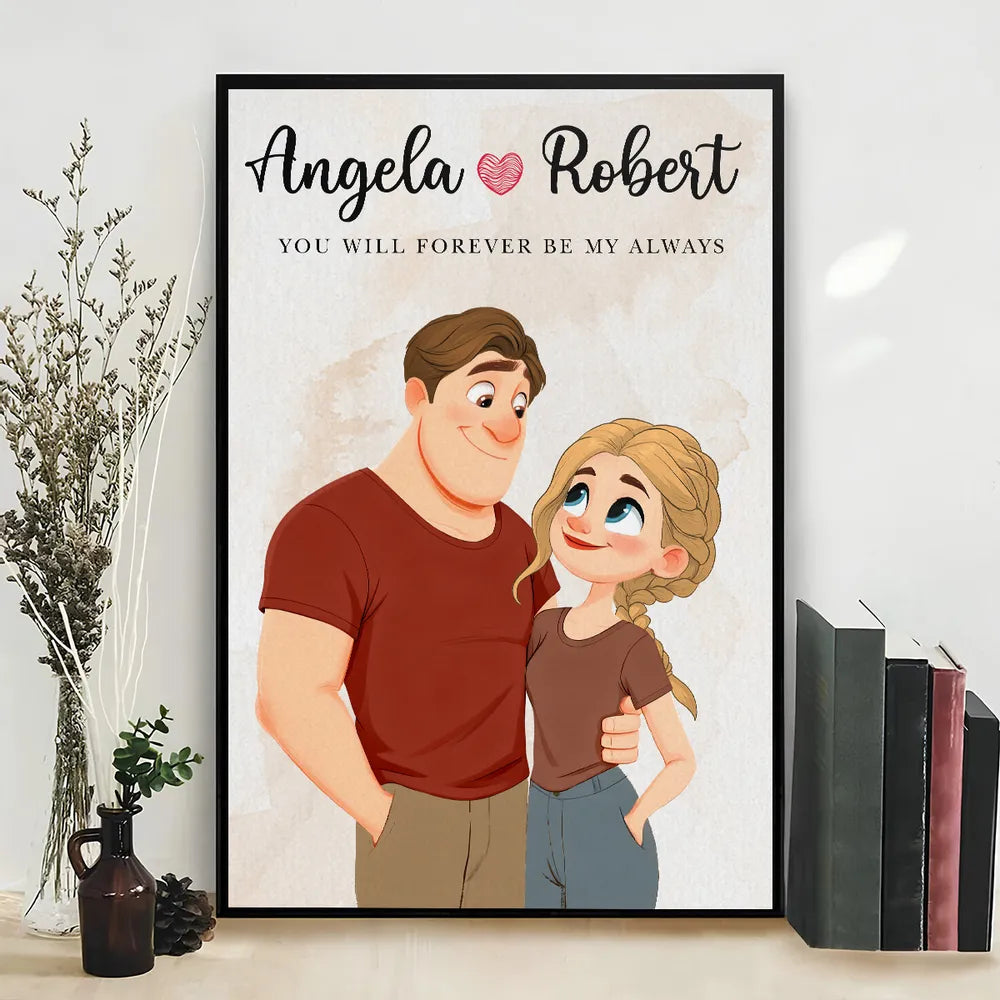 Personalized Couple Cartoon Poster With Names, Hugging Illustration, Always And Forever Wall Decor, Unique Gift for Couples