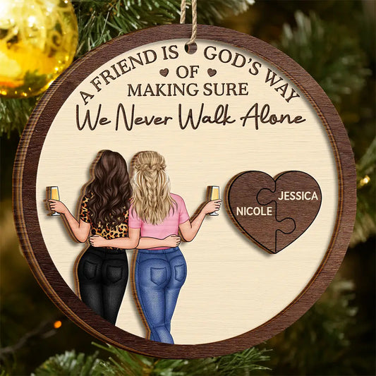2-Layer Wooden Ornament with Hugging Friends & Puzzle Heart, We Never Walk Alone - Unique Christmas Gift for Best Friend