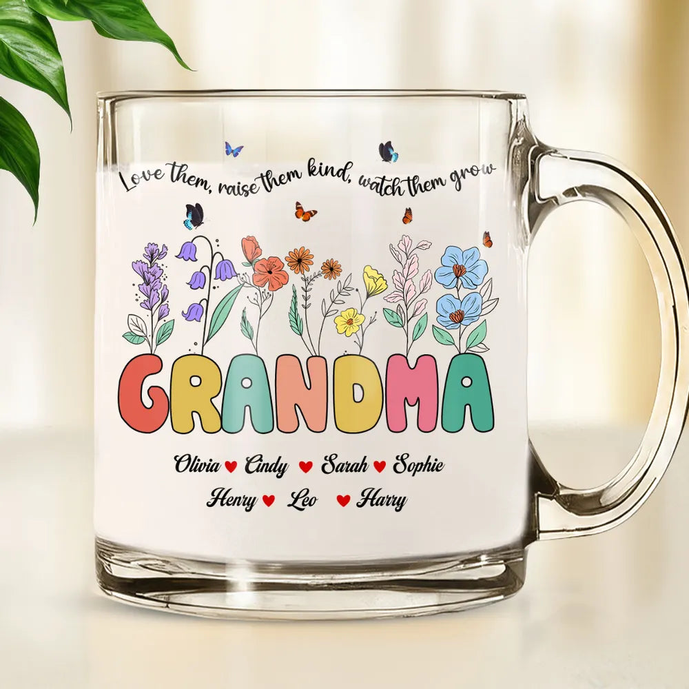Glass Mug with Grandma Floral Theme, High Clarity, Heartwarming Gift for Grandmother