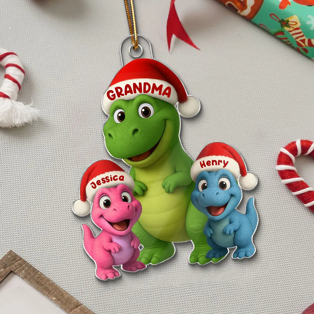 Christmas Grandma & Grandkids Dinosaur Acrylic Ornament – Adorable Family Keepsake, Perfect Gift for Grandparents