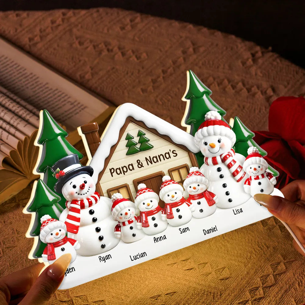 Acrylic Light Box Snowman Family Cabin, Warm Glow Christmas Decor, Custom Design, Unique Gift for Grandparents