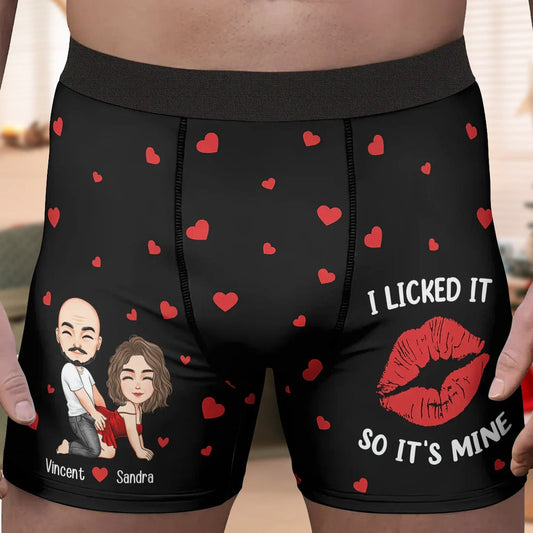 Personalized Men's Boxer Briefs with Cartoon Couple & 'I Licked It So It's Mine' Funny Romantic Gift for Husband