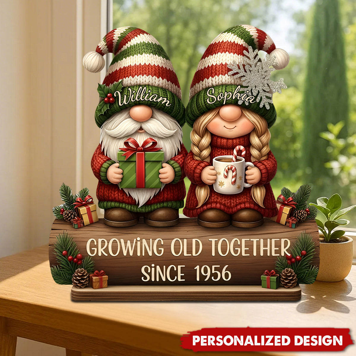 Custom Growing Old Together Wooden Plaque with Cute Christmas Gnome Couple Sentimental Display Piece Thoughtful Gift for Partner