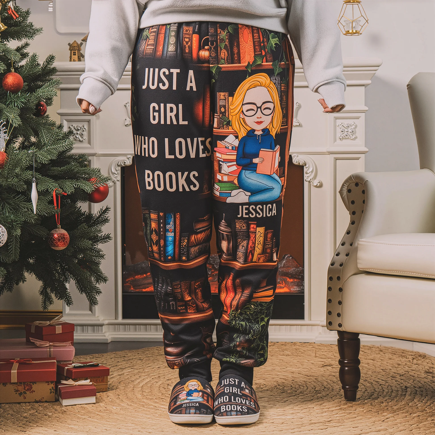 Book Lover Women's Sweatpants with cozy bookshelf art, optional personalization, perfect gift for readers at home or the library