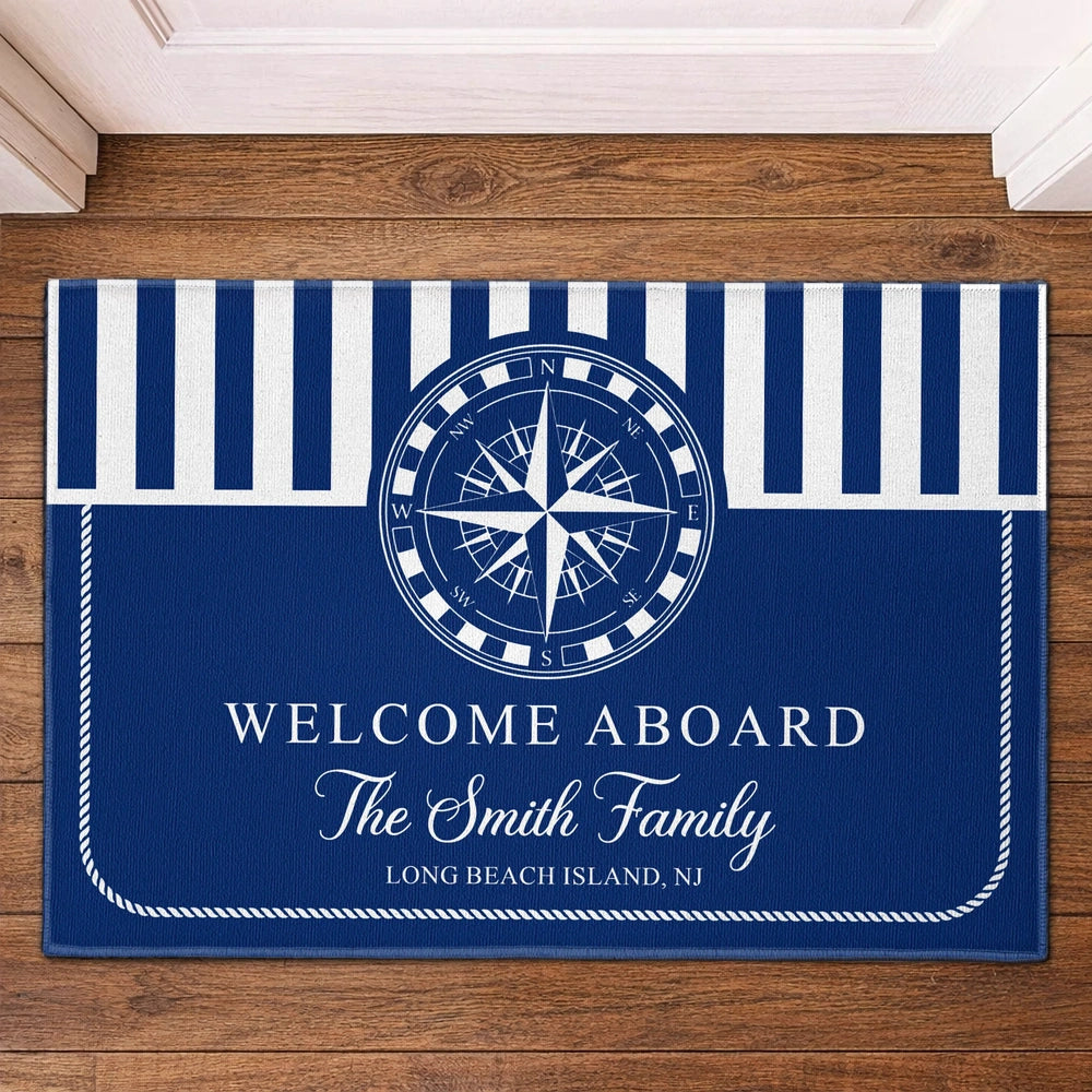 Nautical Welcome Aboard Standard Doormat, Personalized Entryway Decor with Classic Navy Stripes, Unique Gift Idea