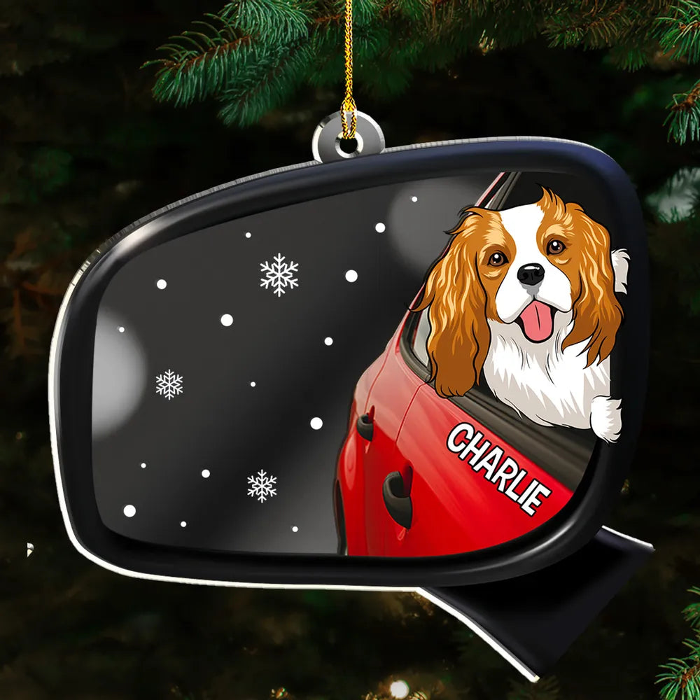 Acrylic Ornament - Personalized Mirrored Acrylic, Dog Head Out the Window, Snowy Scene, Unique Gift for Dog Lovers