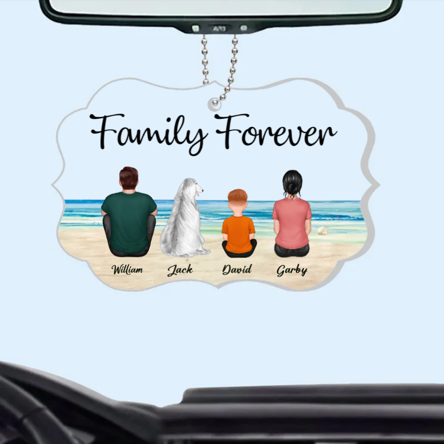 "Beach Landscape Family Sitting Back View Acrylic Or Wooden Car Hanger, Perfect Gift for Father's Day, for Dad or Grandpa"