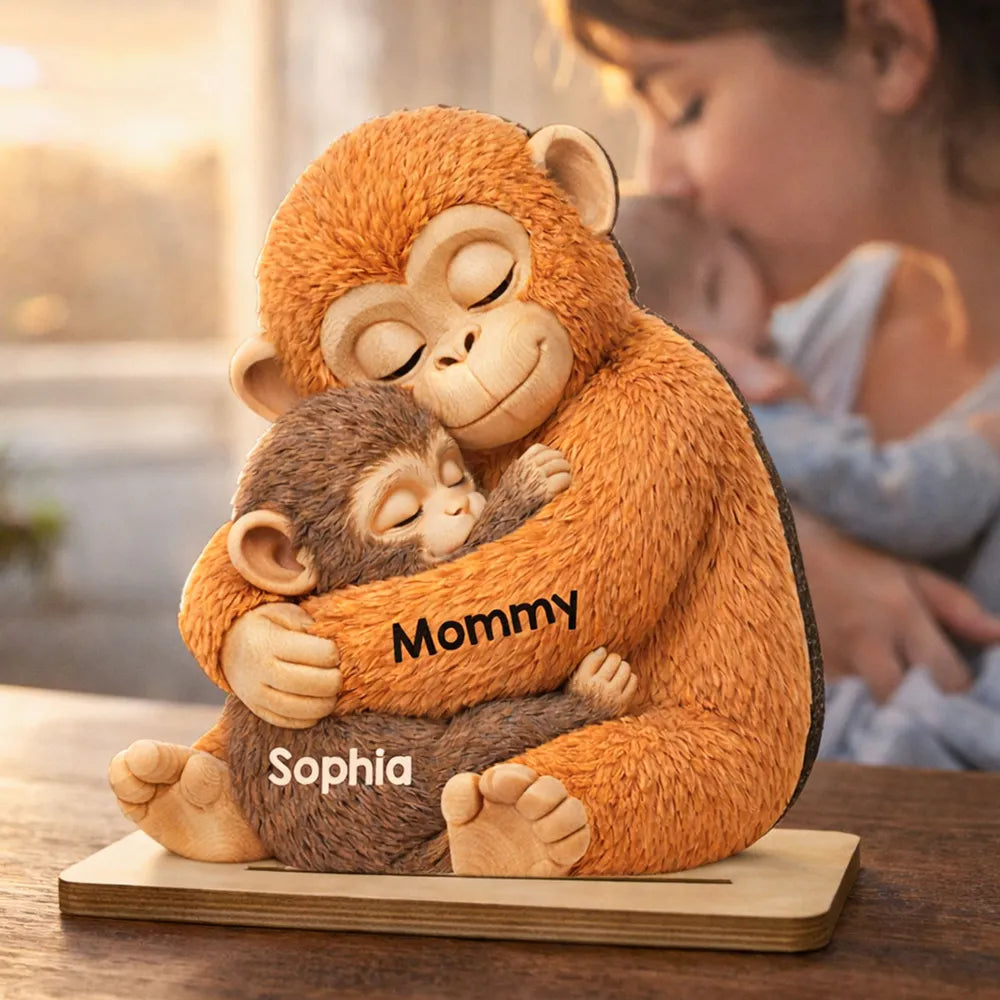 Personalized 2-Layer Wooden Plaque with Hugging Mom Monkey and Babies - Unique Mother's Day Gift for Mom
