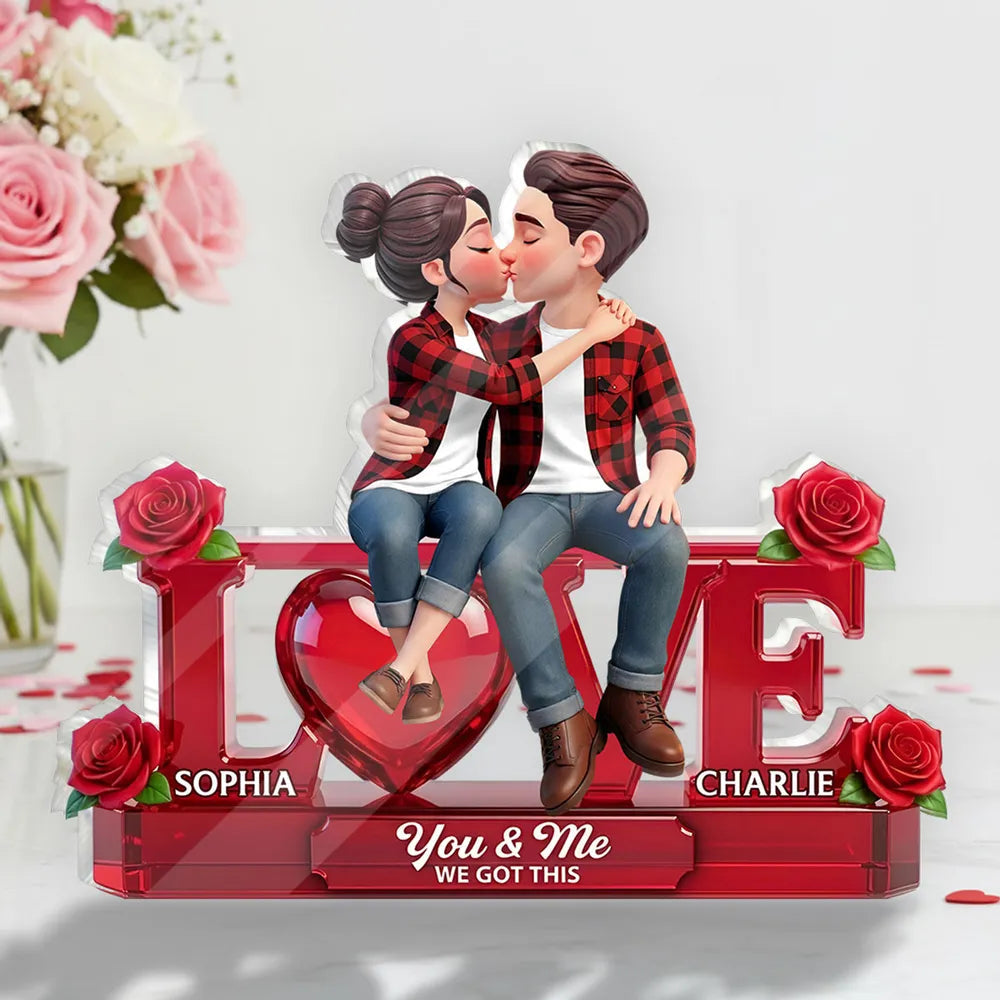 Personalized Shaped Acrylic Block Plaque with Kissing Couple on LOVE and Roses - Unique Romantic Gift for Him or Her