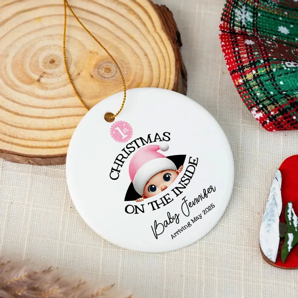 Personalized Christmas Ceramic Ornament for Expecting Parents, Baby Peeking Design, Unique Holiday Keepsake Gift