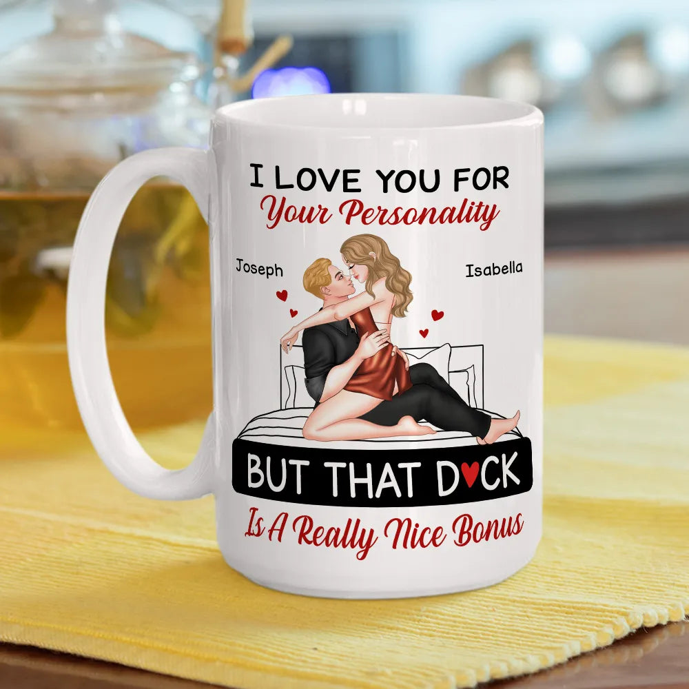 Personalized White Ceramic Mug for Couples with Hugging Bed Scene – Fun Romantic Coffee Gift, A Really Nice Bonus Surprise