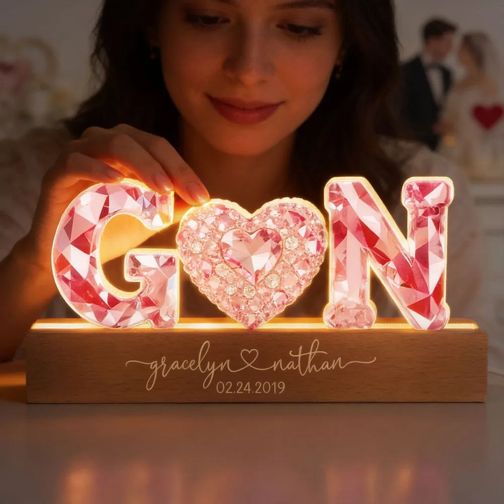Personalized Shaped Acrylic Block LED Plaque With Initials & Heart, Romantic Nightstand Decor, Unique Gift for Couples