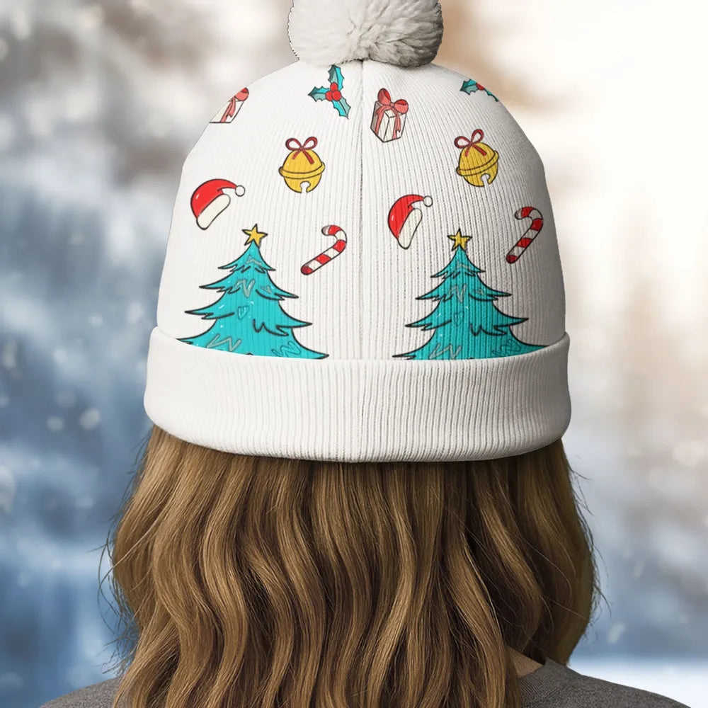 Personalized Bobble Beanie Hat with Girl & Dog Cartoon, Christmas Trees & Icons, Unique Holiday Gift for Pet Lovers