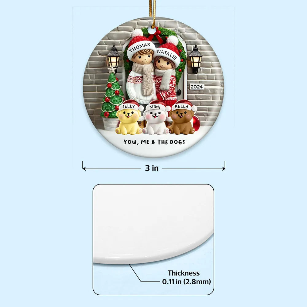 Ceramic Ornament Couple with Dogs at Festive Doorway, cozy tree-ready décor,perfect Christmas gift for pet-loving families