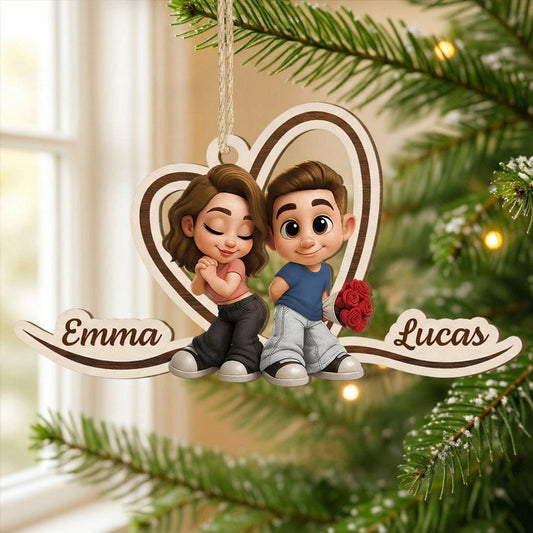 Custom Couple Wooden Ornament with Y2K Style Cartoon Art, Sweet Holiday Keepsake and Unique Romantic Gift