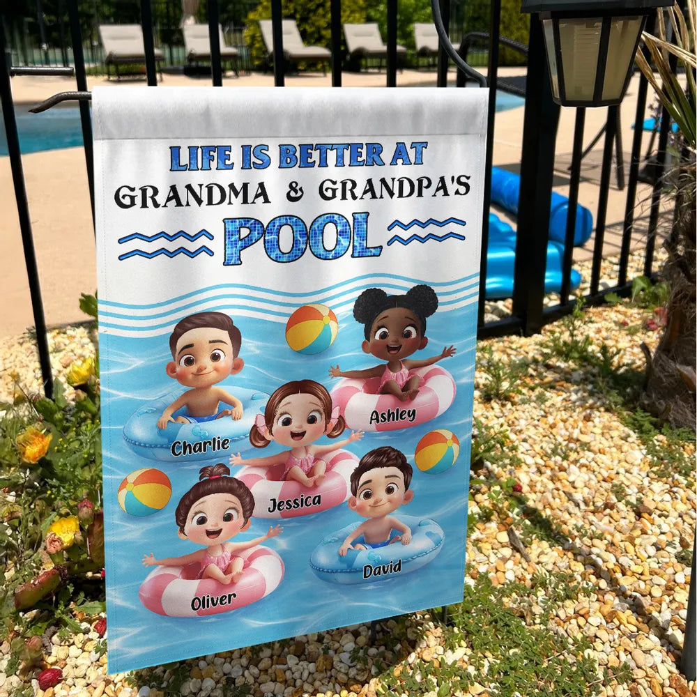 Life Is Better At Grandma & Grandpa’s Pool – Personalized Garden Flag with Kids in Floaties – Summer Gift for Grandparents