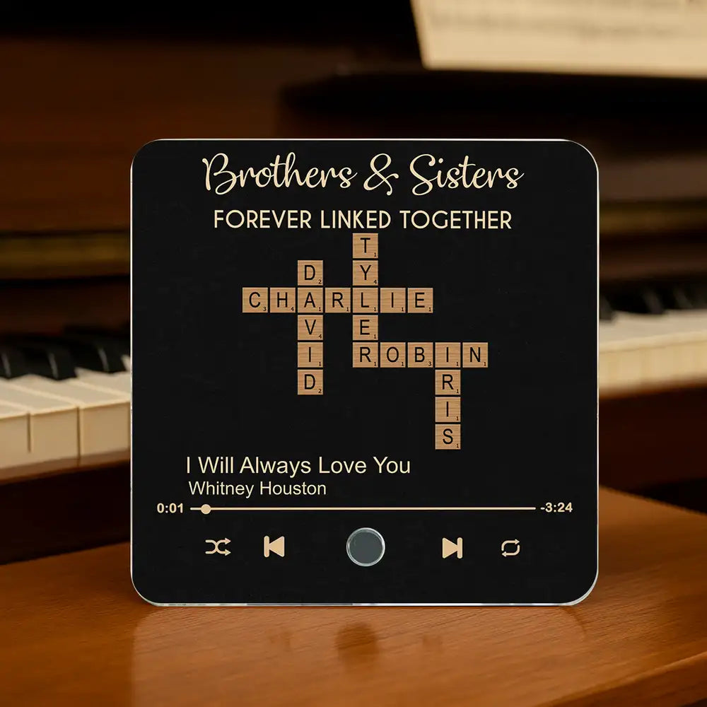 “Brothers & Sisters – Forever Linked” Acrylic Music Magnet – Crossword Names, Custom Song, Gift for Siblings