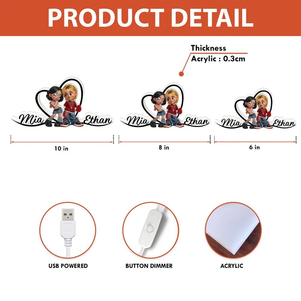 Personalized Couple Heart Acrylic Light Box, Y2K Cartoon Look for Bedroom Shelf Decor, Unique Romantic Gift for Him or Her