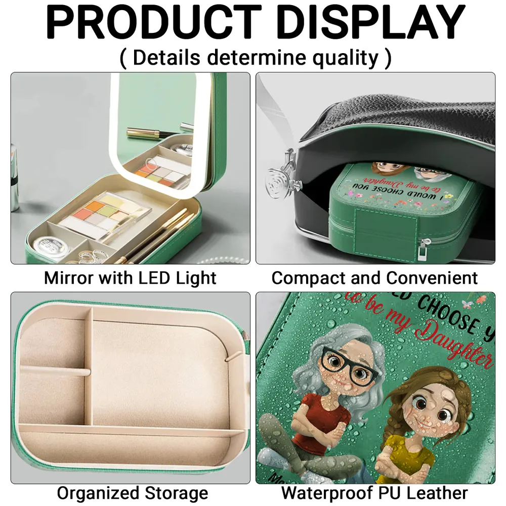 Custom LED Makeup Case with Cartoon Mother and Daughter, Sentimental Travel Makeup Case, Heartfelt Personalized Gift