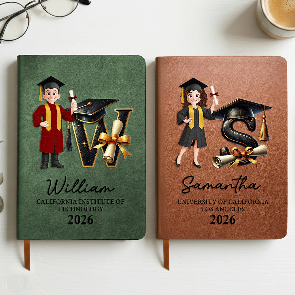 Personalized Graduation Cartoon Leather Journal With Initial, Cap & Diploma, Unique Gift For the Grad