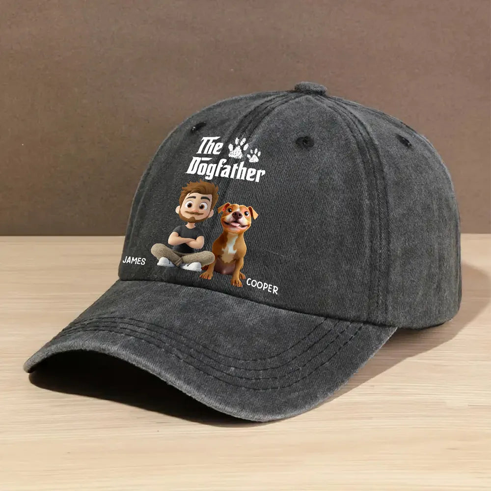 The Dogfather Baseball Cap – washed denim with fun dog dad graphic, casual adjustable fit, perfect gift for dog lovers