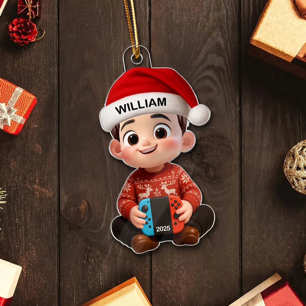 Personalized Cartoon Christmas Ornament with custom name, playful Nintendo Switch design, perfect gift for kids and gamers, ideal for holiday decorating