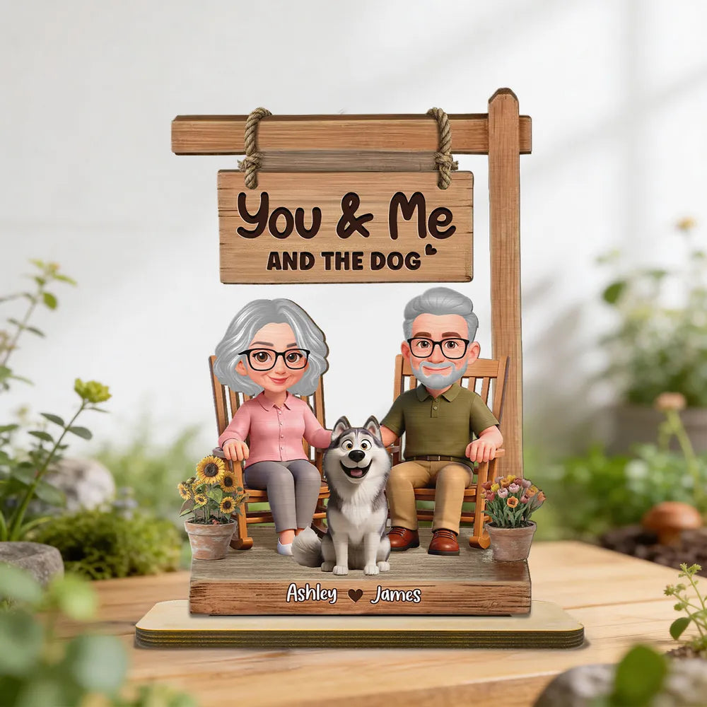 You & Me and the Dog 2-Layer Wooden Plaque, Personalized Sweet Cartoon Keepsake for Couple and Dog Lover Gift