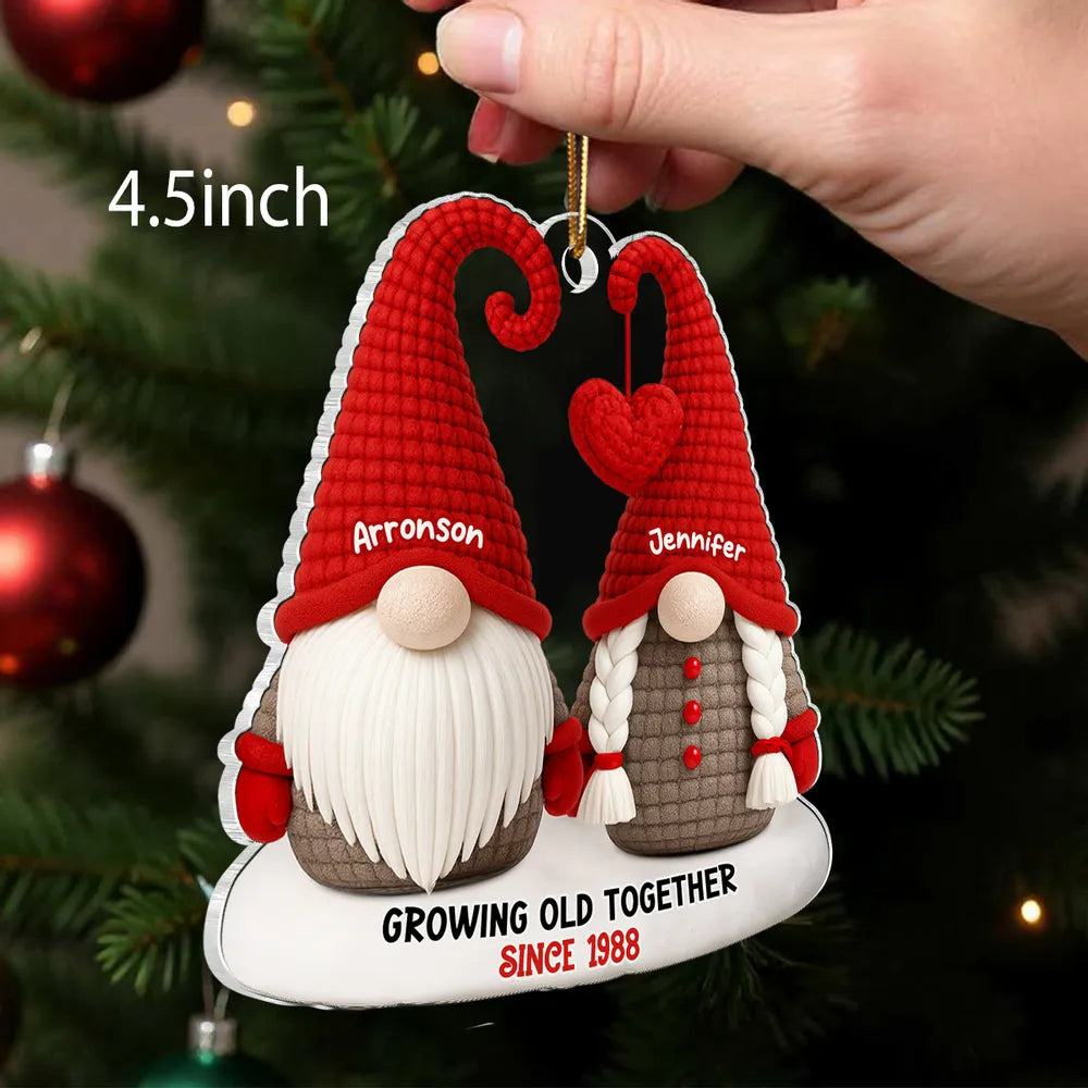 Personalized Acrylic Ornament with Cute Gnome Couple and Heart - Christmas Tree Decor, Unique Gift for Couples