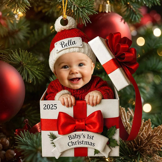 Baby's First Christmas Acrylic Ornament with Custom Photo – Adorable Gift Box Design for New Parents, Unique Personalized Holiday Gift