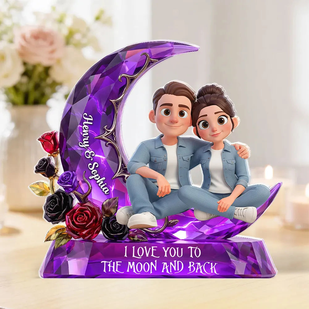 Personalized Shaped Acrylic Block Plaque Moon Couple Decor 'I Love You to the Moon and Back' Unique Romantic Gift