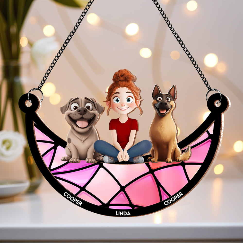 Personalized Dog Lovers Ornament – Cute Family Hanging with a Girl and Her Dogs, Perfect Gift for Dog Lovers, Ideal for Valentine's Day and Birthday, Wood and Acrylic Layered Ornament
