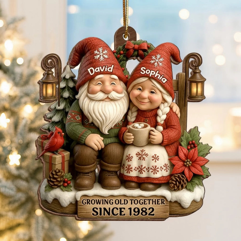 Personalized Wooden Ornament for Couples Growing Old Together – Cute Gnome Design, Christmas Tree Decoration, Unique Romantic Gift