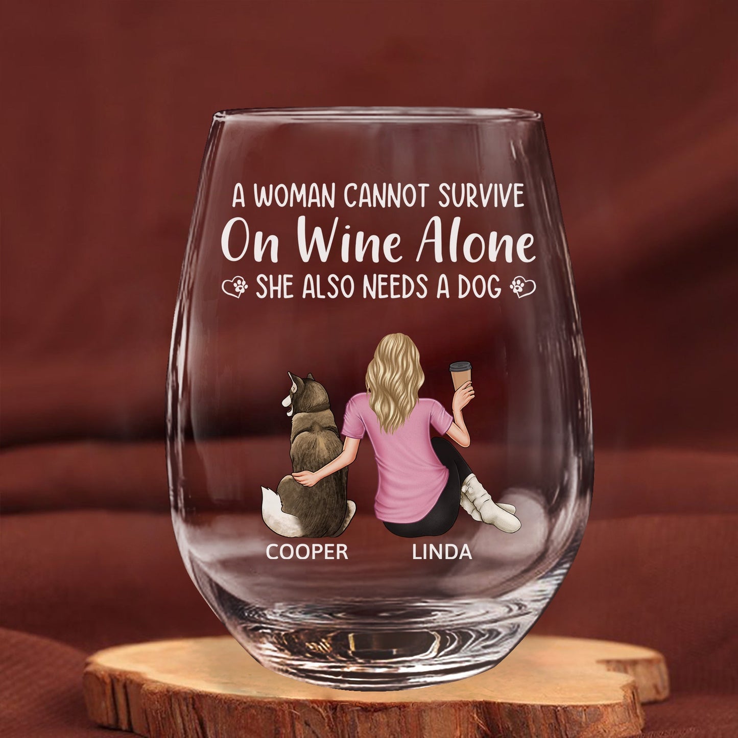 “Wine and Dogs Are Essential” Personalized Stemless Wine Glass - Valentine’s Day Gift - Perfect for Dog Moms/Dads - Beach Scene Design