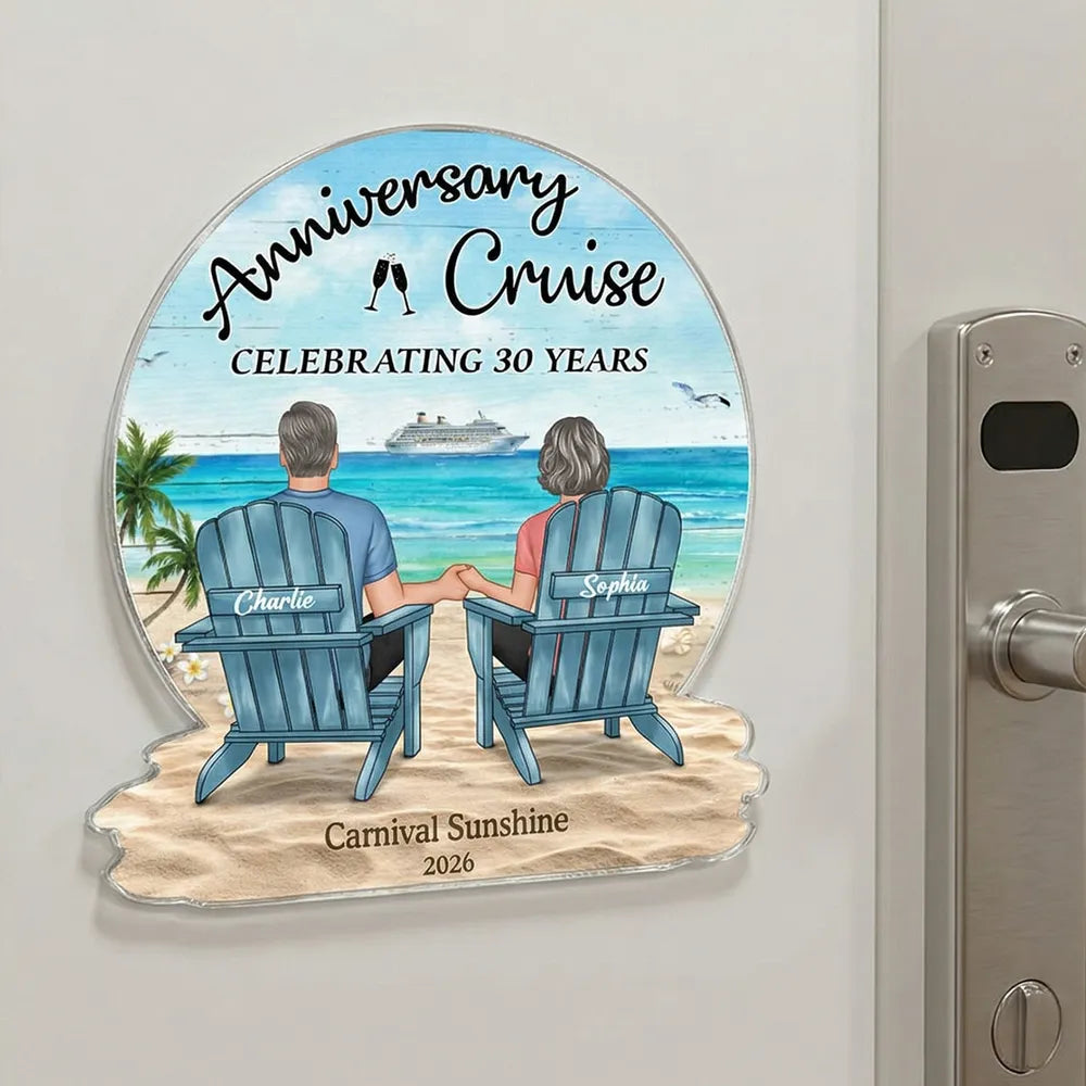 Personalized Anniversary Cruise Acrylic Magnet, Couple Holding Hands Beach Back View, Unique Gift for Husband & Wife
