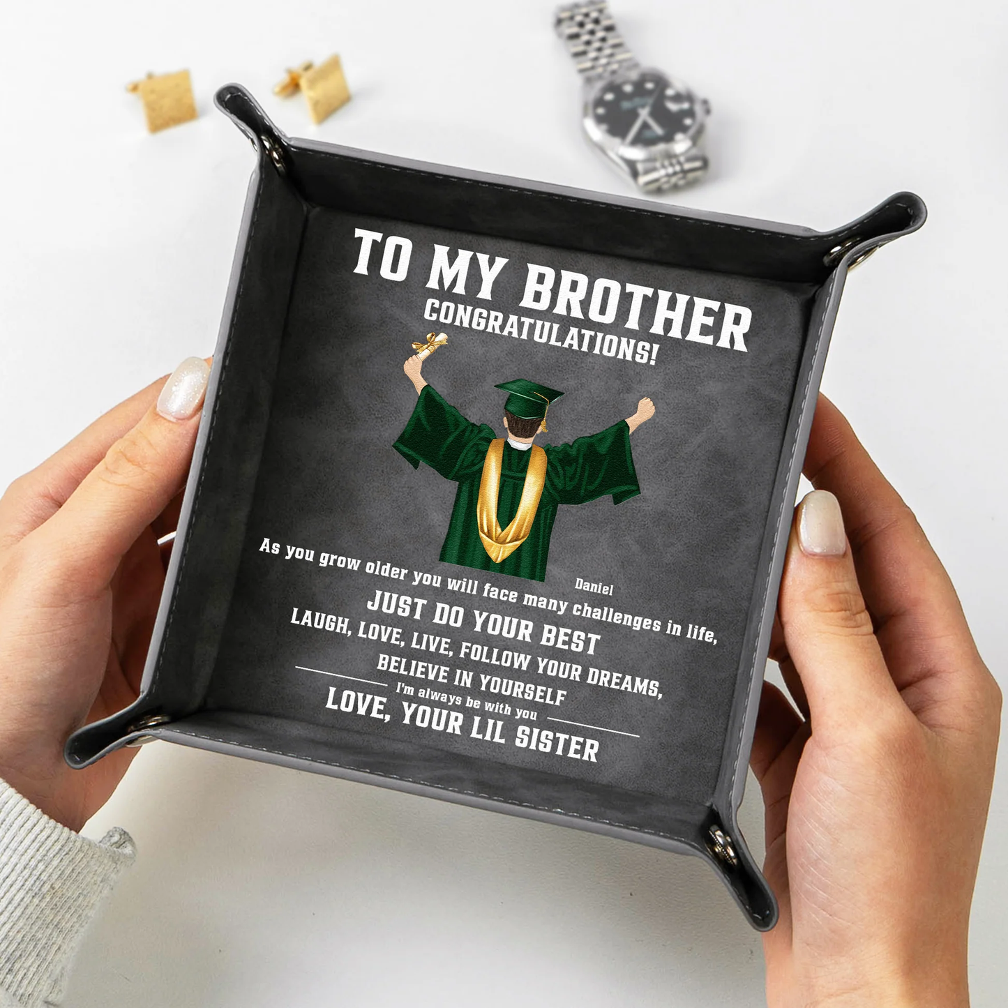 Leather Valet Tray With Graduation Cap Art and Encouraging Quote, Desk and Dresser Organizer, Unique Gift for Son