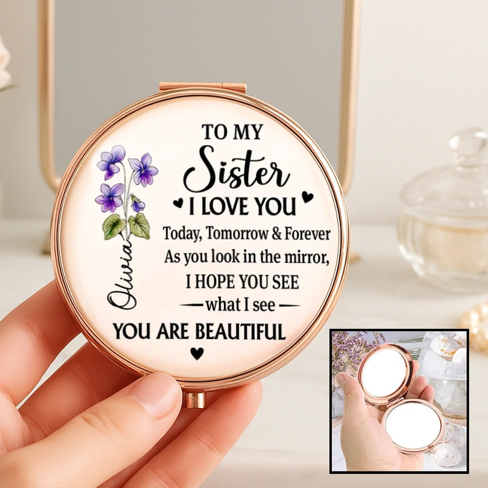Personalized Metal Compact Mirror Sister Quote with Purple Flowers, Unique Everyday Purse Gift That Feels Heartwarming