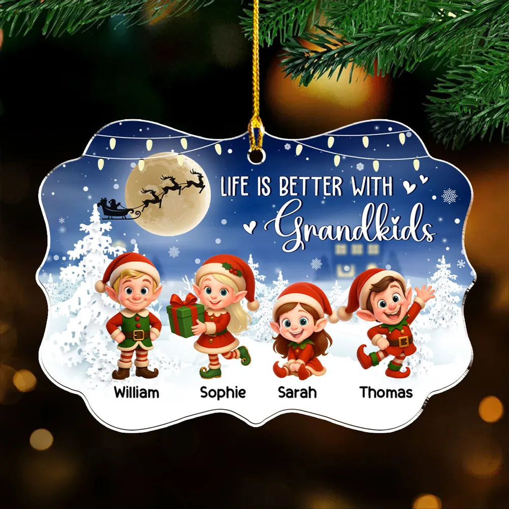 Acrylic Ornament - Life Is Better With Grandkids, cute elf scene in a moonlit snowy forest, a unique Christmas gift for Grandma and Grandpa