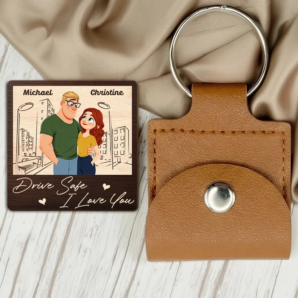 Personalized Wooden Pocket Hug Keychain Card With Couple Illustration Drive Safe I Love You Unique Gift For Boyfriend Or Husband