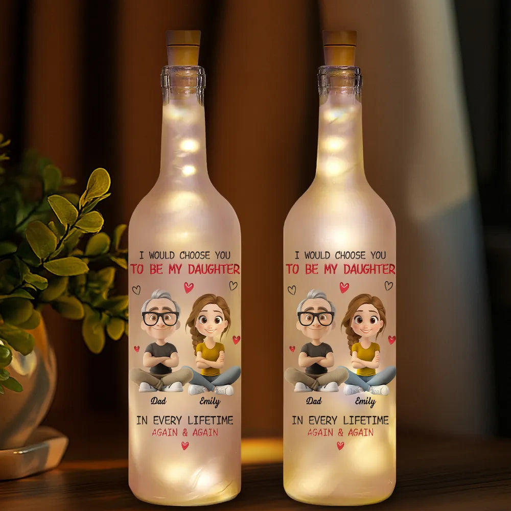 Personalized Bottle Lamp for Daughter from Dad with Cartoon Portraits, Warm Glow Bedroom Light, Unique Heartfelt Gift