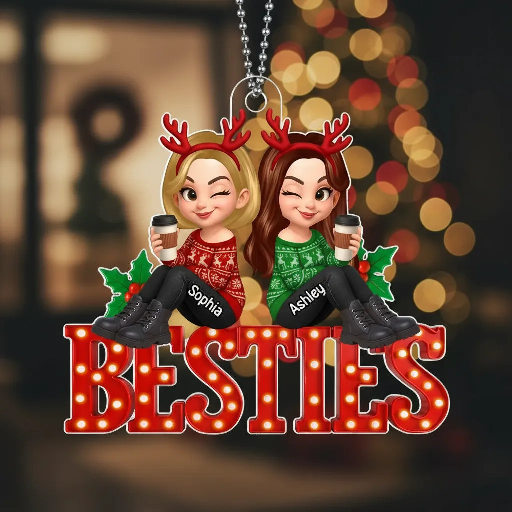 Acrylic Ornament Featuring Besties Cartoon Characters with Holiday Elements, Heartwarming Friendship Gift for Holiday Season