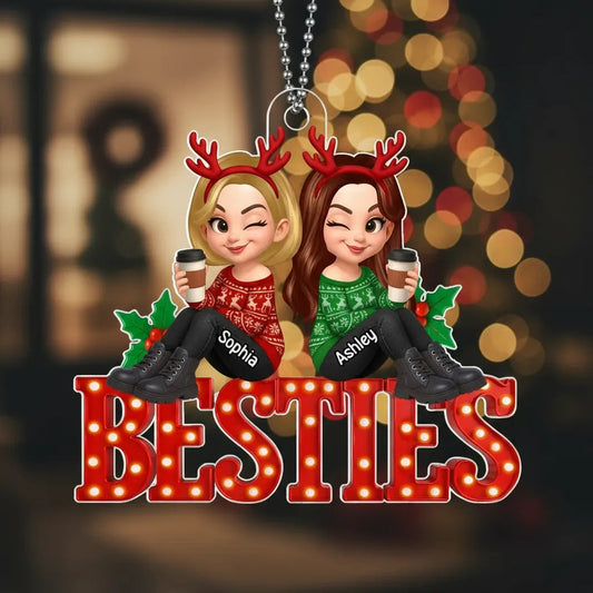 Acrylic Ornament Featuring Besties Cartoon Characters with Holiday Elements, Heartwarming Friendship Gift for Holiday Season