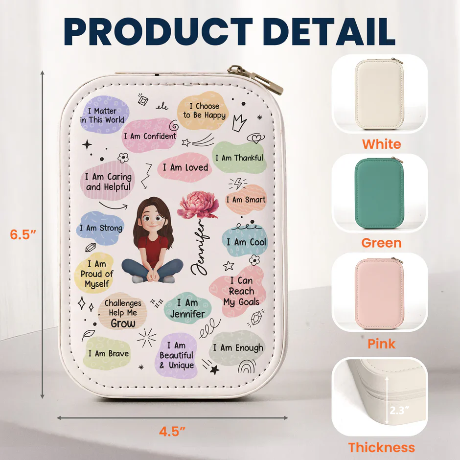 Custom LED Makeup Case with Cartoon Portrait & Positive I Am Quotes – Unique Personalized Makeup Box, Uplifting Gift for Daughter or Friend