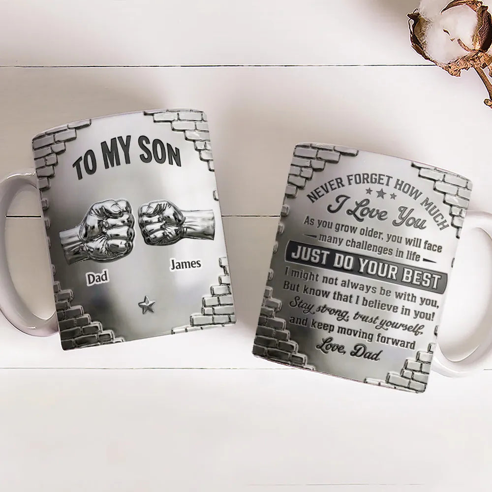 Personalized White Ceramic Mug With Fist Bump Design, To My Son Encouragement Message, Unique Gift From Dad