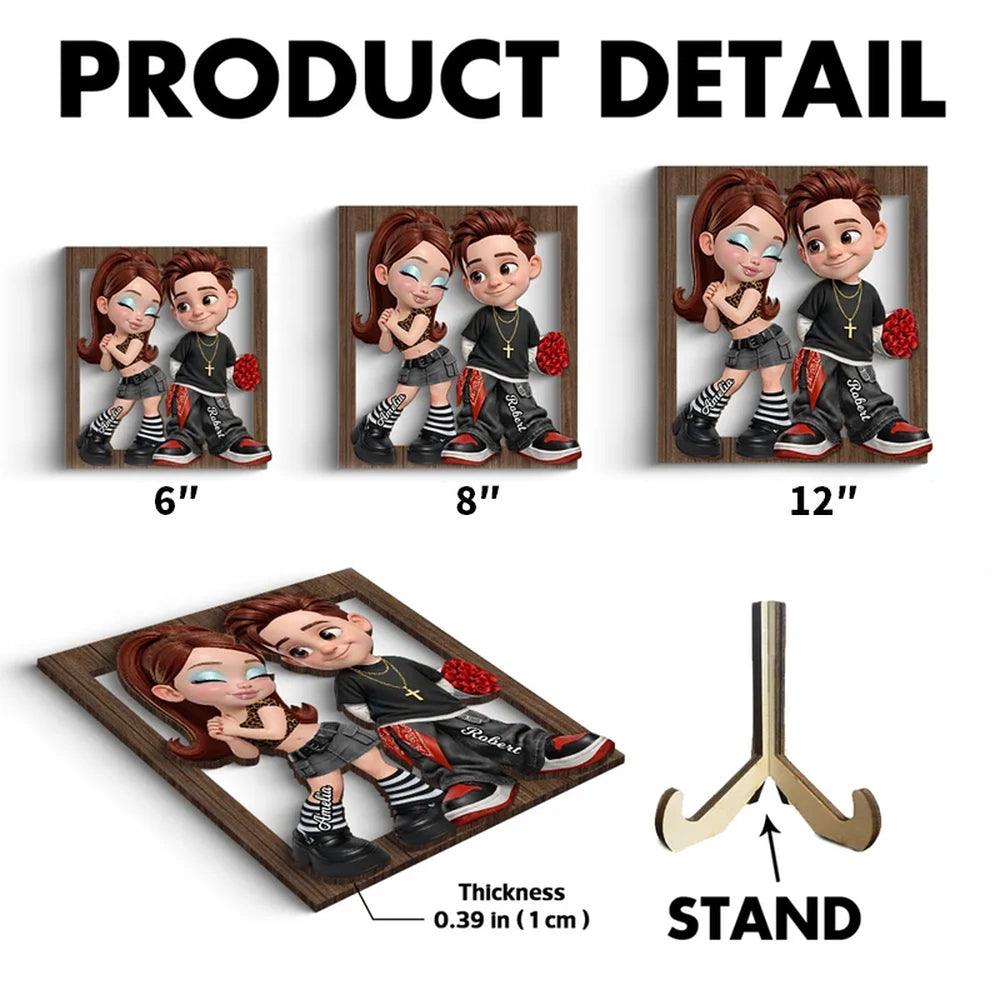 Personalized 2-Layer Wooden Plaque Y2K Cartoon Couple Holding Roses Unique Gift For Him Or Her