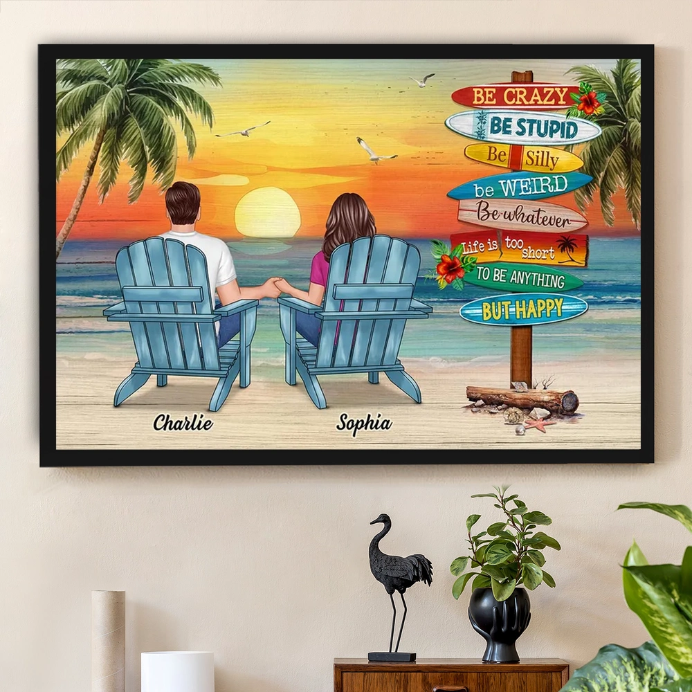 Personalized Beach Sunset Couple Poster, Holding Hands in Adirondack Chairs, Life is Too Short But Happy, Unique Gift