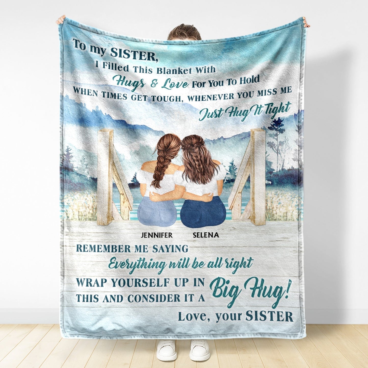 "To Our Sister" Personalized Custom Watercolor Sisters Hug Fleece Blanket, Unique Healing Gift for Sister, Friend, Soulmate