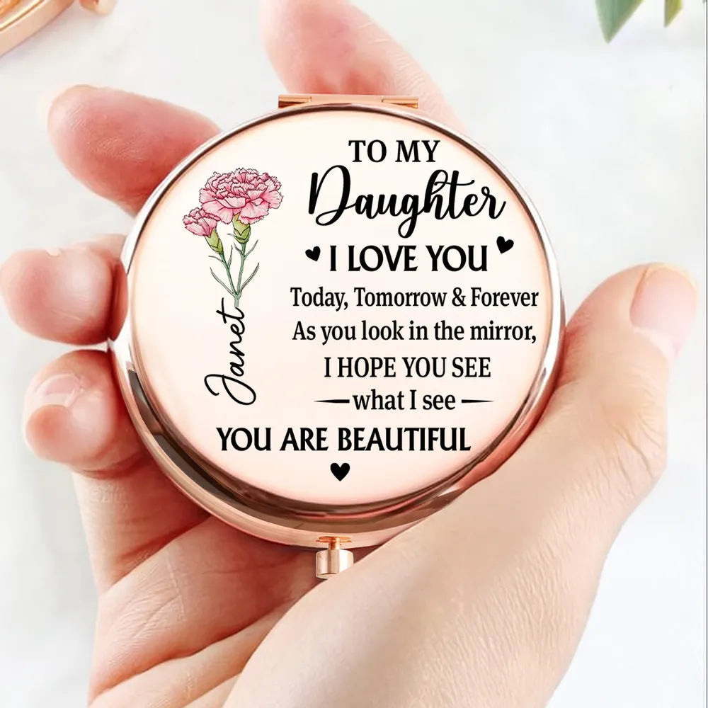 Metal Compact Mirror for Daughter, Floral Rose Gold Keepsake, 'I Love You' Message, Unique Creative Gift for Her