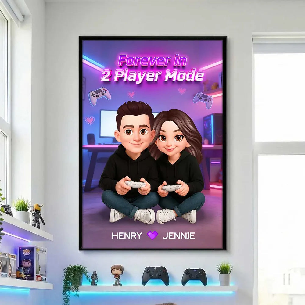 Personalized Gamer Couple Poster Forever in 2 Player Mode Neon Game Room Wall Art Unique Gift for Him or Her