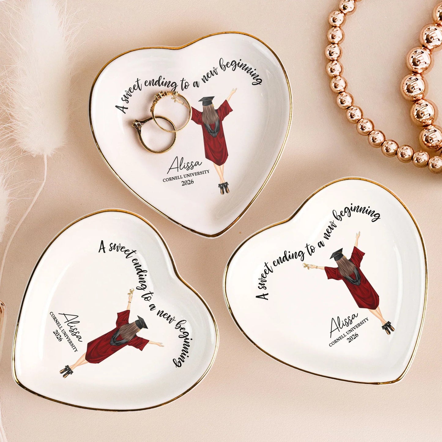 Personalized Graduation Heart Jewelry Dish With Sweet Ending To A New Beginning, Cap Toss Illustration, Unique Gift